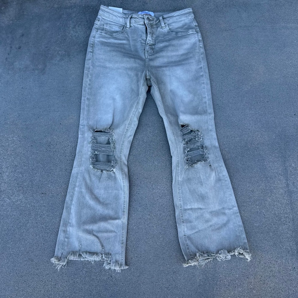 Lovervet by Vervet High Rise Flare Jeans Grey Distressed Raw Hem Size 30/11